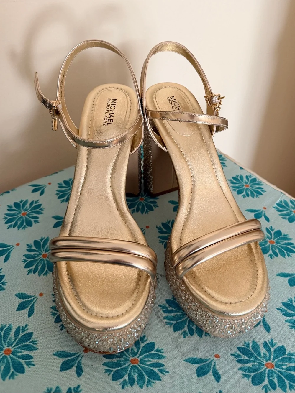 Michael Kors Rose Gold Platform Sandals with Crystal-Embellished Heel
